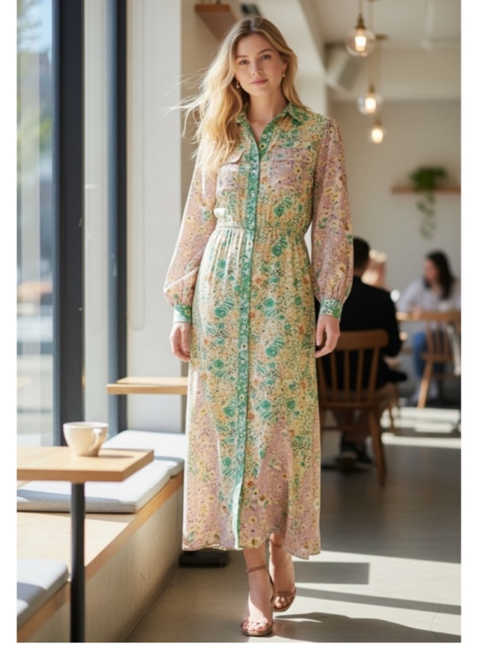 LOFT Pink and Green Floral Button-Front Maxi Dress Garden Party MP